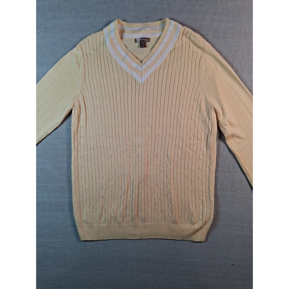 White Stag Sweater Womens XXL 20 Yellow Cable Knit V-Neck Striped Trim